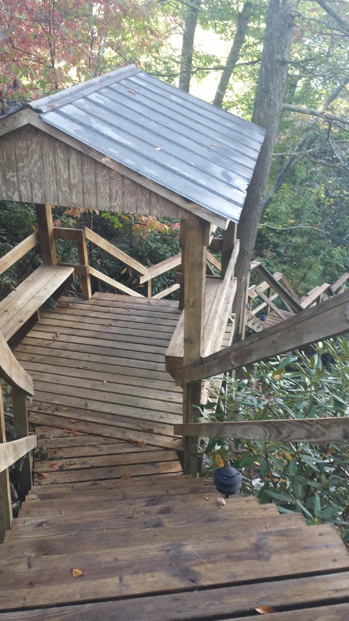 Metal roofed shelter over wooden steps on a wooded walkway — Skylight Repair & Installation work by our crew in Lavon